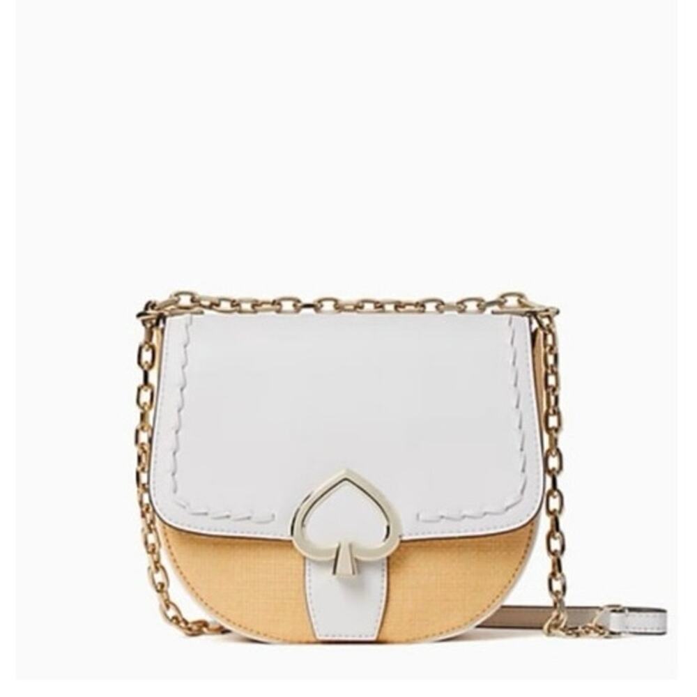 kate spade White and Tan Leather & Raffia Crossbody Shoulder Bag